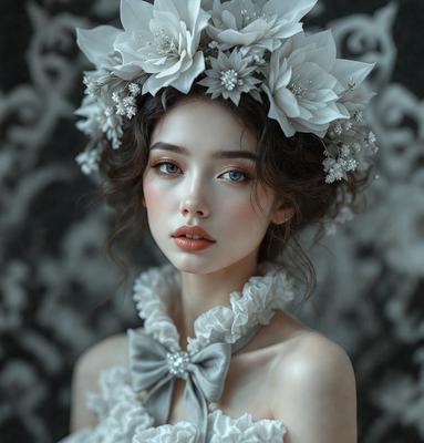 The primary subject of the image is a woman wearing a white dress with a bow on her head. She is posing for the camera, and her eyes are open. The setting is a black and white background, which adds a vintage feel to the photo. The visual style is a close-up of the woman, emphasizing her features and the details of her outfit. The colors and mood of the image are predominantly black and white, creating a classic and elegant atmosphere.